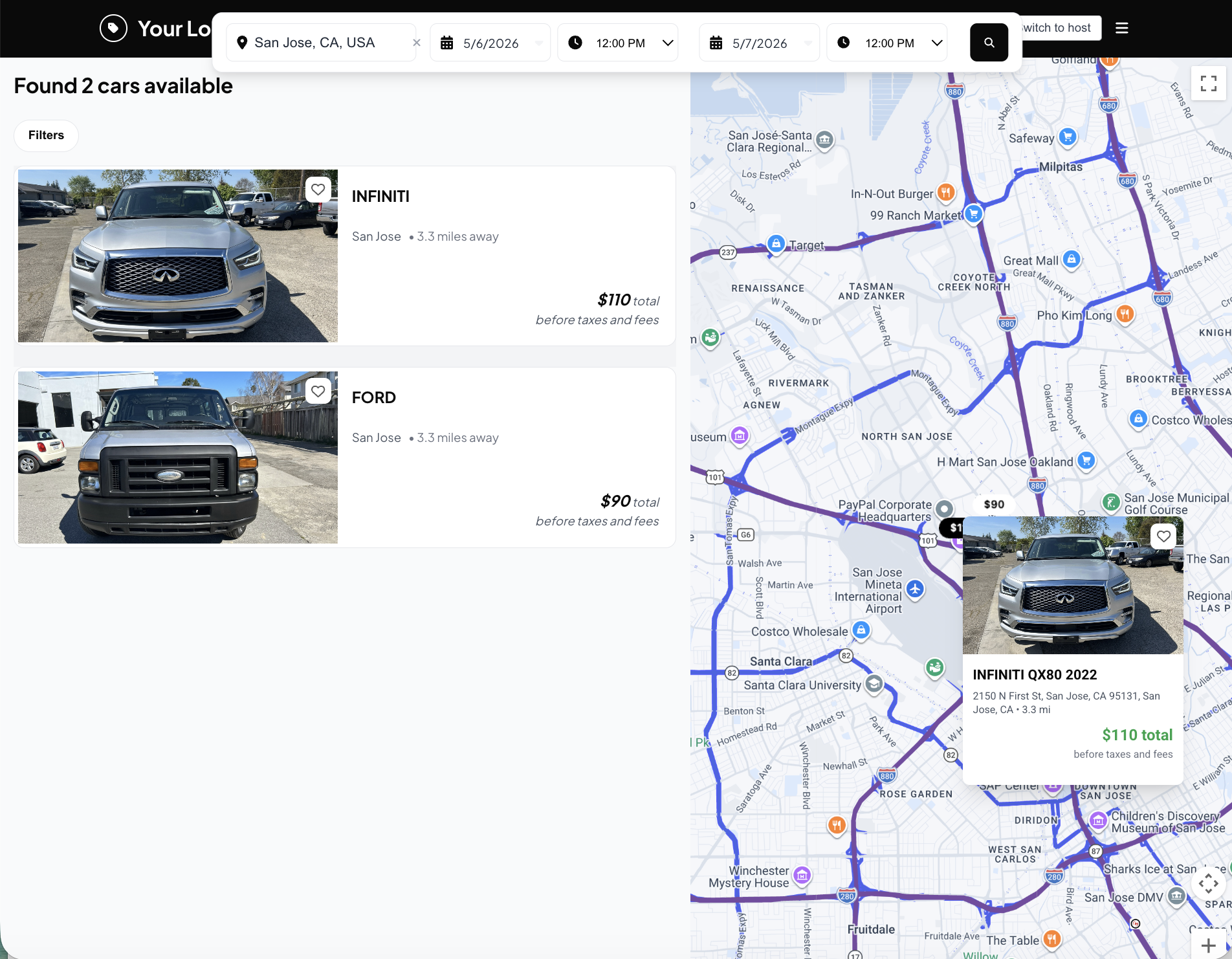 Search results — list and map